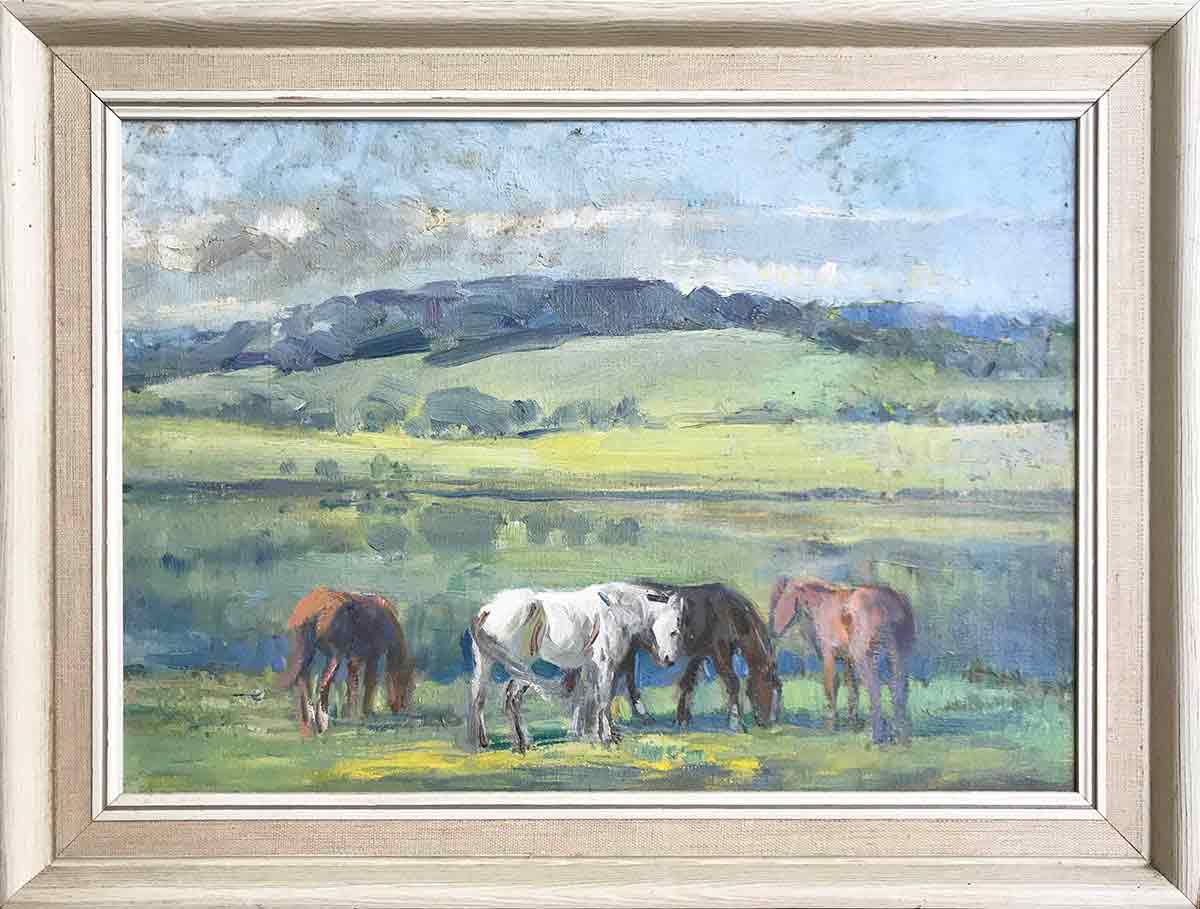 Alice Des Clayes Oil Painting 'Ponies Grazing in a Landscape'