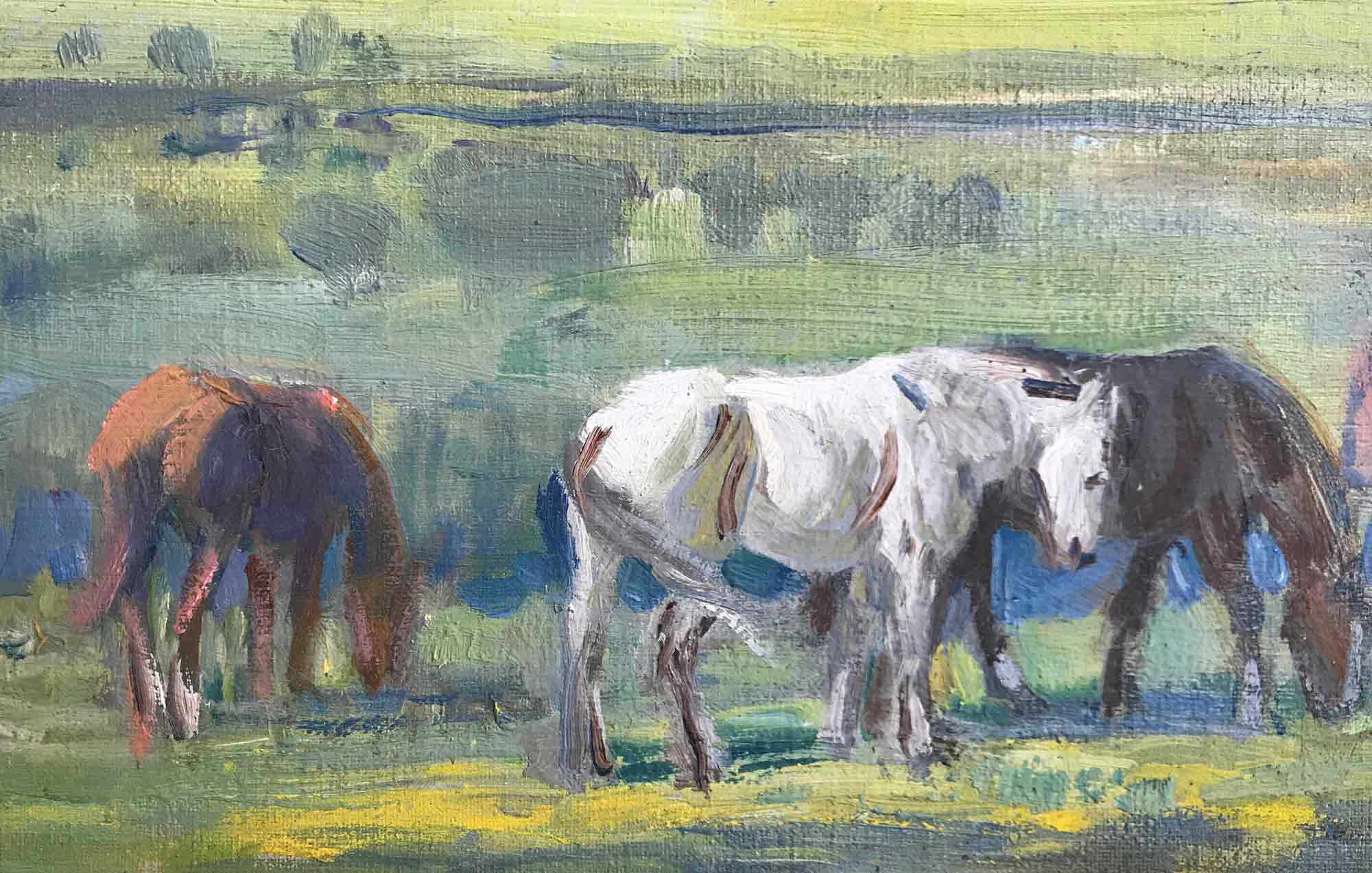 Alice Des Clayes Oil Painting 'Ponies Grazing in a Landscape'