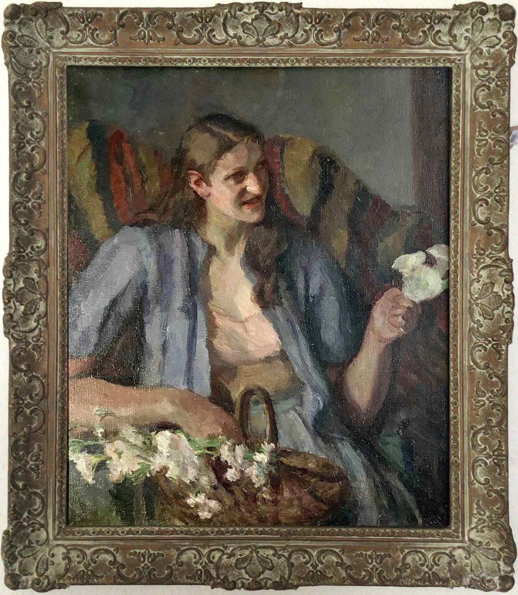Dorothy Hepworth 'Girl With Flowers II' large oil painting on canvas